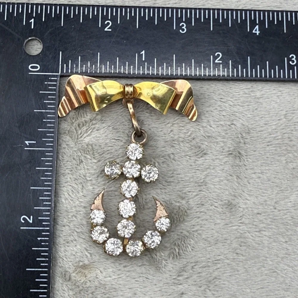 Vintage‎ Gold Filled Brooch Anchor Rhinestone Bow Nautical